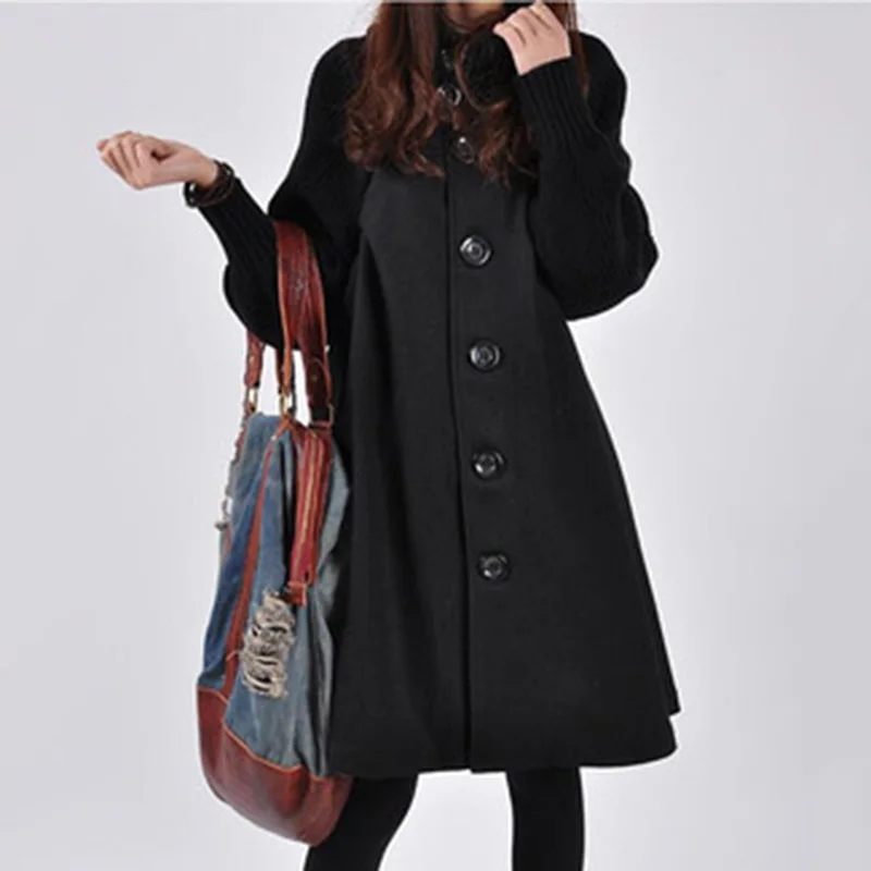 

2019 New Autumn Winter Women's Woolen Coat Female Single-breasted Windbreaker Winter Cloak Knit Long-sleeved High O-neck Trench