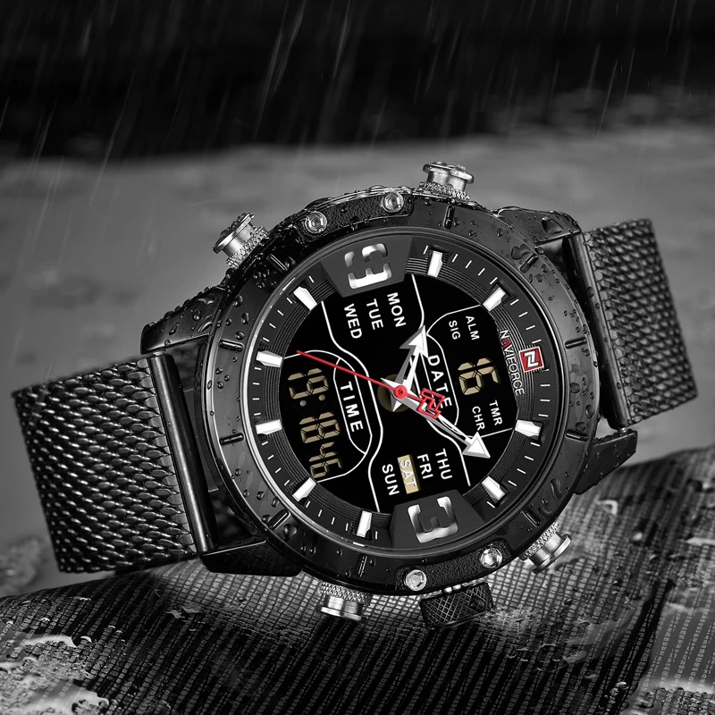 Мужские часы NAVIFORCE водонепроницаемые кварцевые наручные с двойным дисплеем в