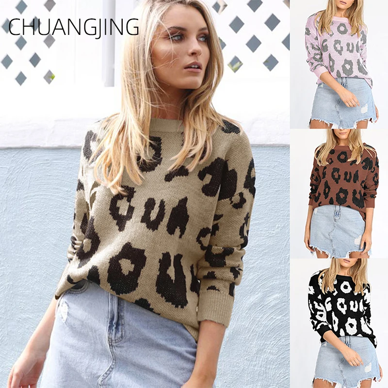 Casual Knitted Sweater Women 2019 Autumn Winter Leopard O-neck Long Sleeve Pullovers Ladies Fashion Streetwear Sweaters | Женская одежда