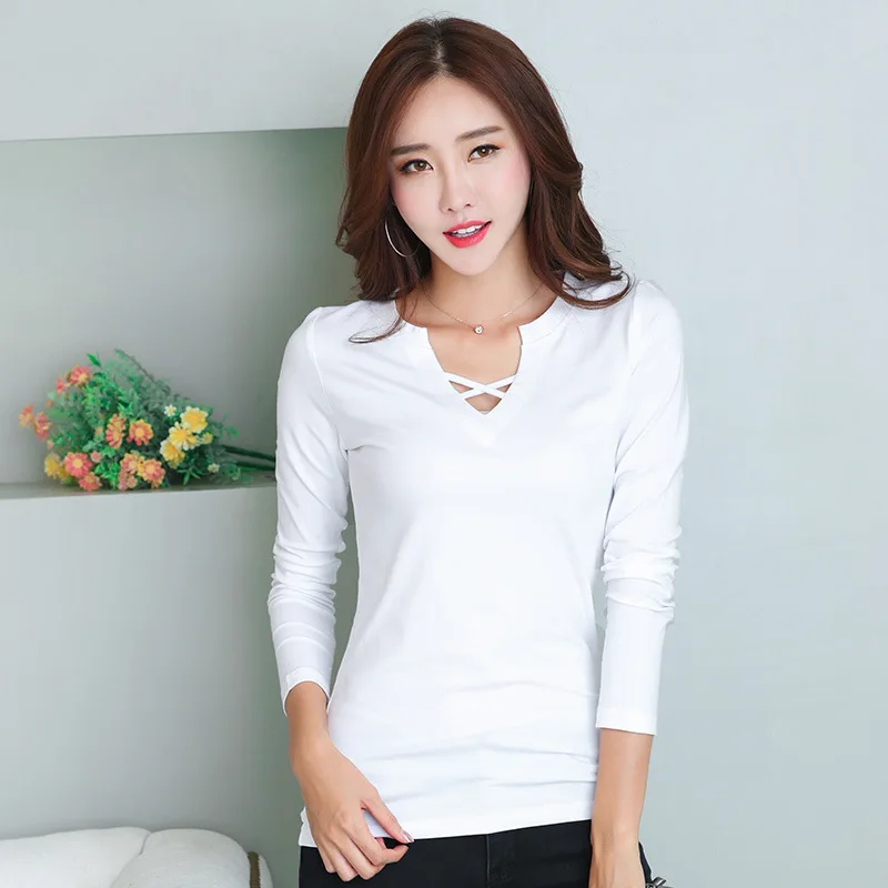 2018 Тонкая Повседневная стильная футболка с v-образным вырезом женские топы на