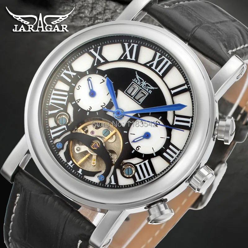 

Jargar Automatic silver color men wristwatch tourbillon black leather strap hot selling shipping free JAG9402M3S2