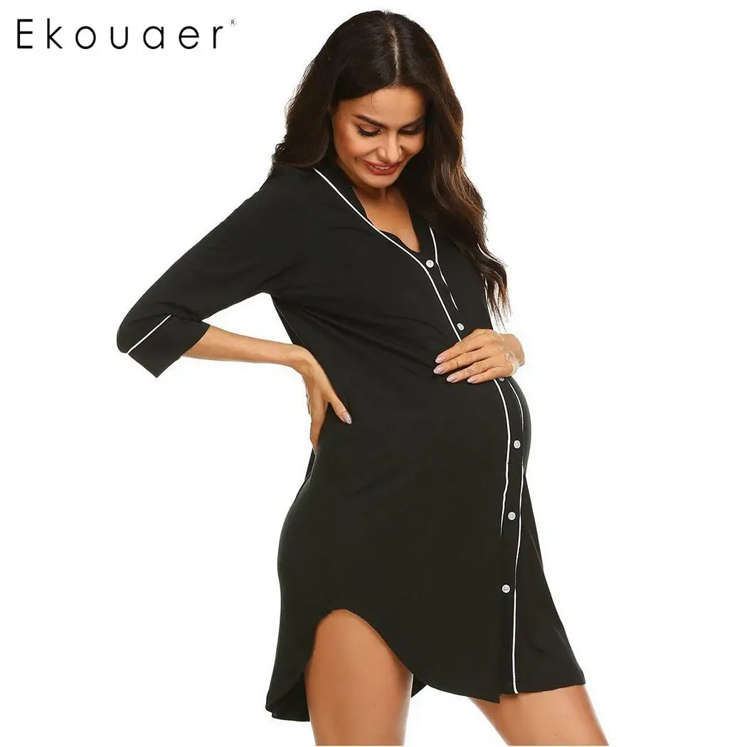 Black Ekouaer, женская повседневная одежда для сна, летнее платье, одежда для сна, однотонное, v-образный вырез, кнопка, свободное, ночное платье, Женская сорочка, ночная рубашка - Цвет: Black