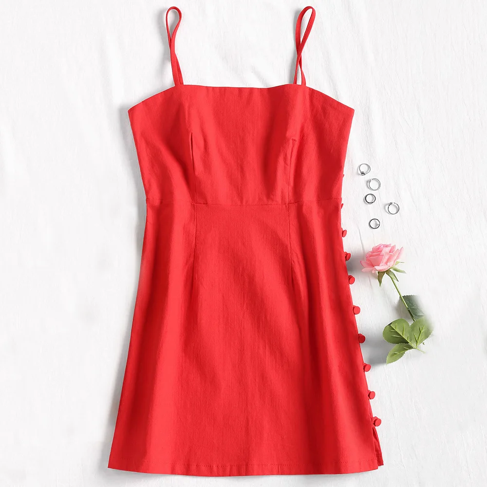 ZAFUL 5 Colors Side Buttons Slip A Line Dress Women Spaghetti Strap Sleeveless Mini Dresses Summer Beach Casual Vestidos | Женская