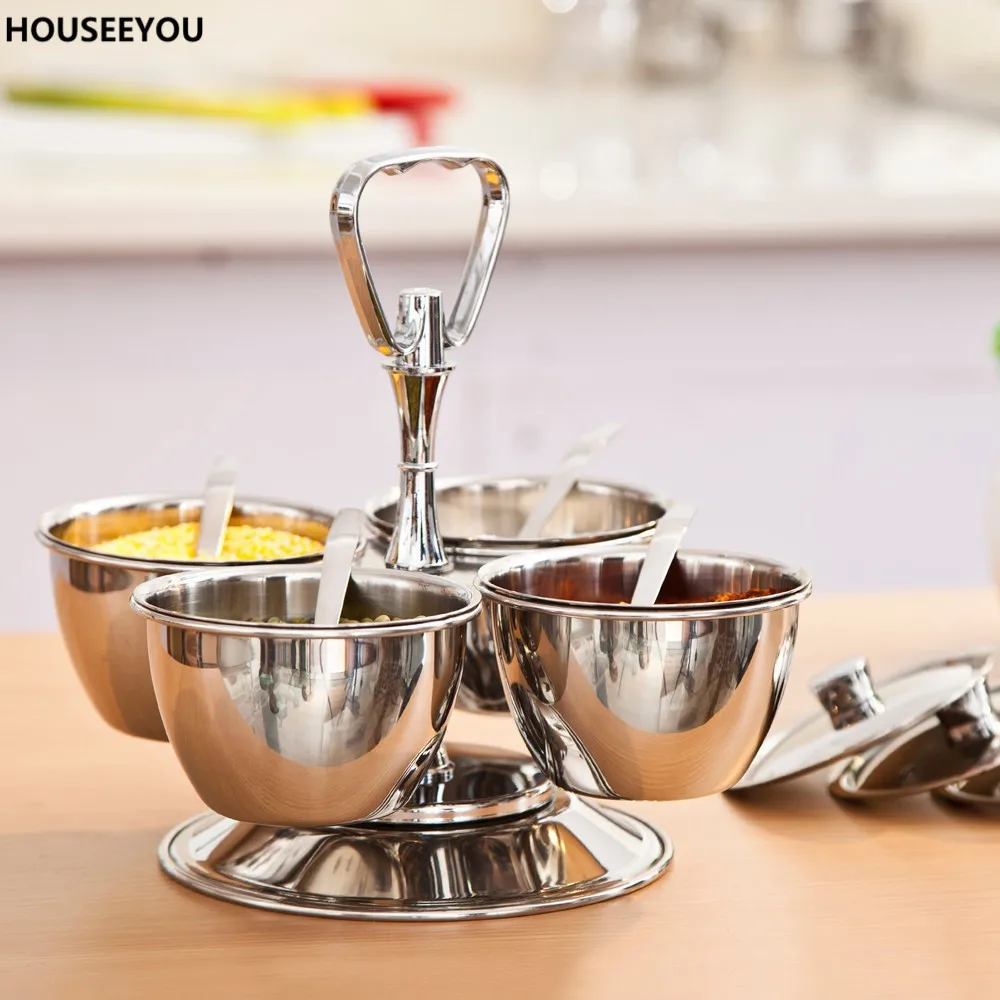 Вращающаяся 4-миска набор приправ поддоны из нержавеющей стали для соли и перца
