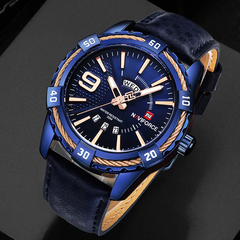Blue Blue Blue NAVIFORCE Для мужчин s часы лучший бренд роскошные золотые Роскошные Кварцевые часы Для мужчин Золотой Кожа модные платье в деловом стиле Для мужчин часы - Цвет: Blue Blue Blue