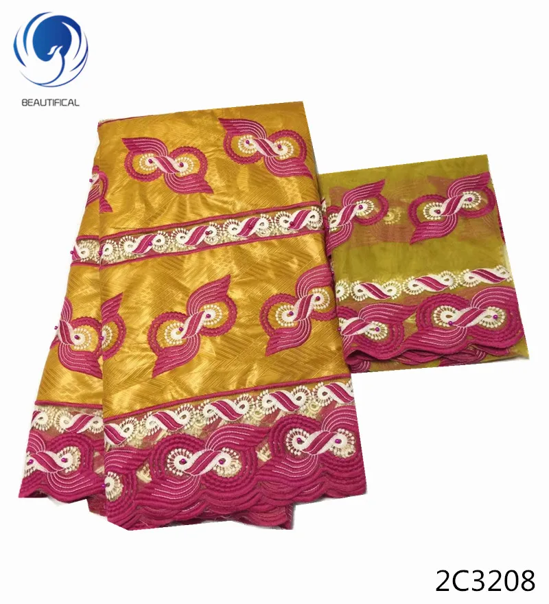 Beautifical african bazin lace fabric milk silk mesh net with beads latest design for party dress 7yards 2C32 | Дом и сад