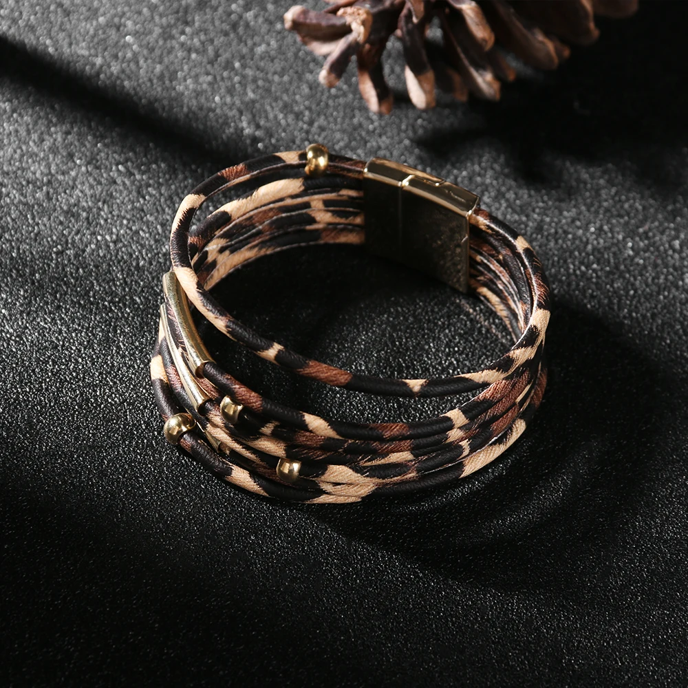 1Pcs Leopard Leather Bracelets For Women Fashion &amp Bangles Elegant Multilayer Wrap Wide Bracelet Jewelry | Украшения и