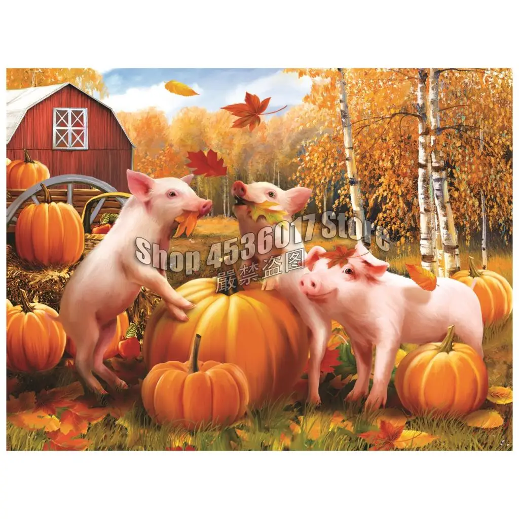 

Pigs & Pumpkins Diy Full Diamond Painting Cross Stitch Kit Mosaic Farm Fall Halloween Art Gifts Diamond Embroidery Home Decor