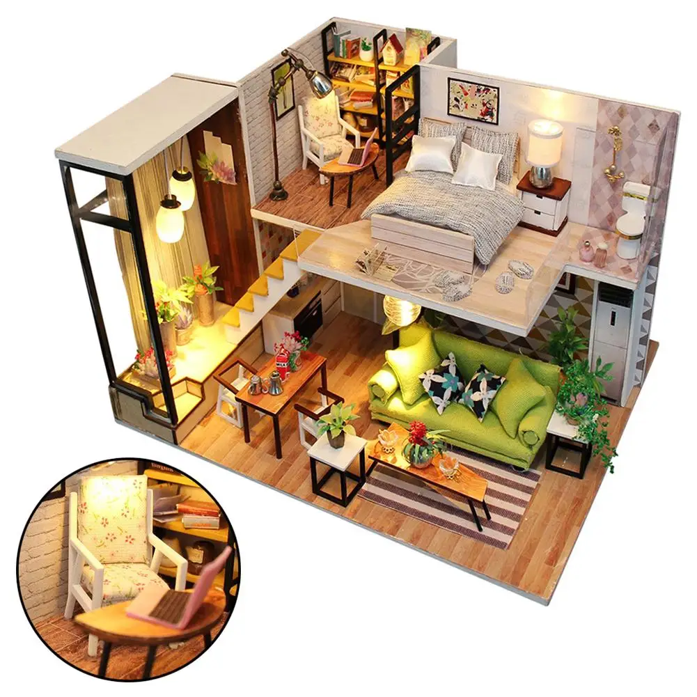 

Wooden DIY Dollhouse Miniature Furniture Kit with LED Assembly Model Toy Gift