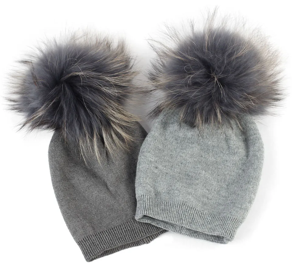 Детская шапочка, Осенняя шерстяная шапка Skullies, шапочки с помпоном из меха енота для новорожденных мальчиков и девочек, громоздкая зимняя шапка с помпоном из натурального меха