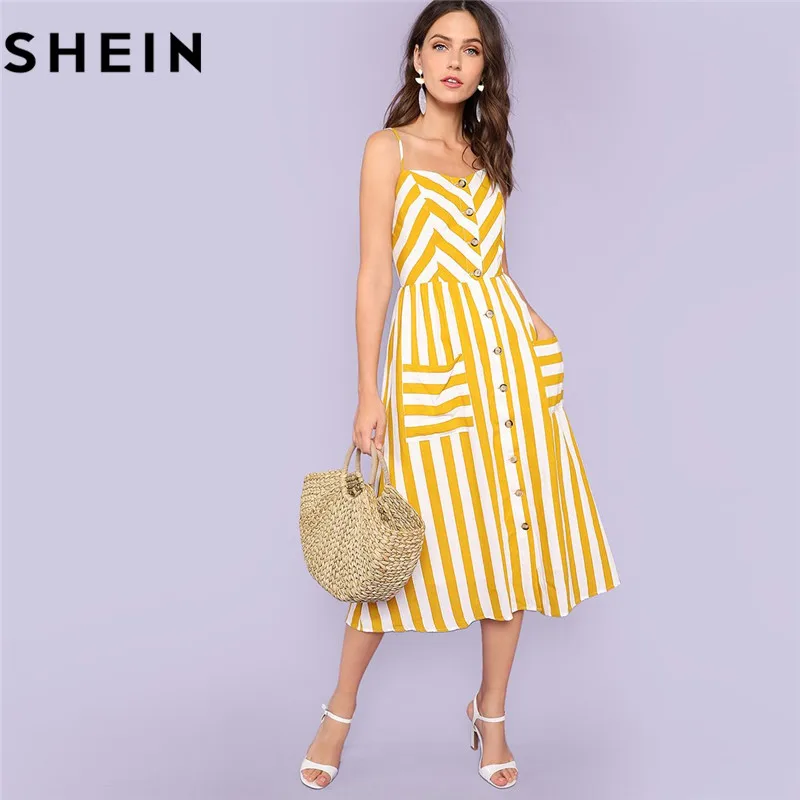 SHEIN Летнее Платье Женские Полосатые Платья С Высокой Талией Платье Сарафан На Бретельках Для Отдыха