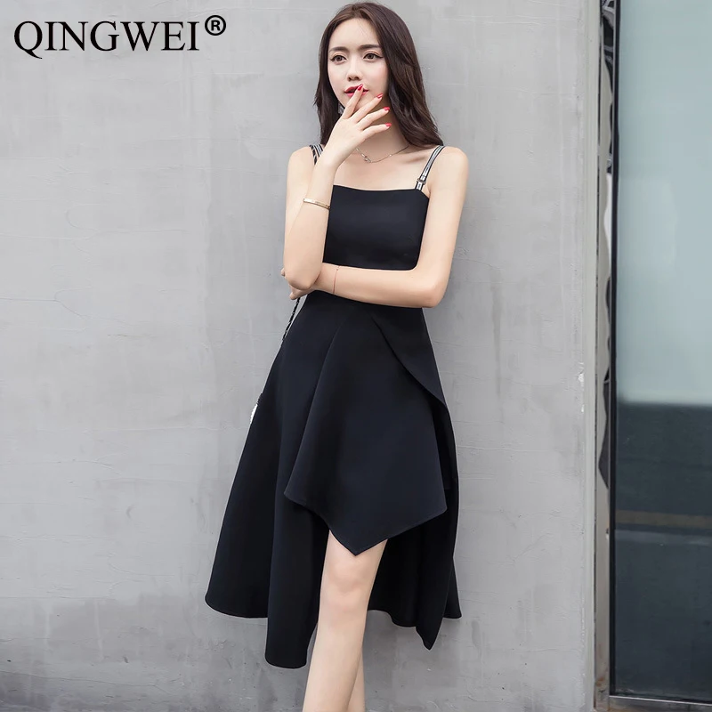 Женское платье на бретельках QINGWEI черное повседневное асимметричное мини с