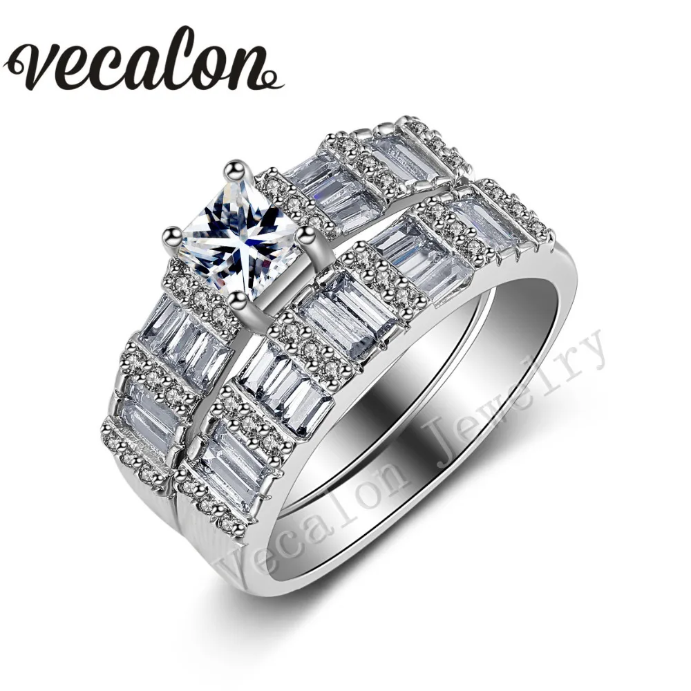 Женский комплект обручальных колец Vecalon дизайнерский из белого золота с фианитом