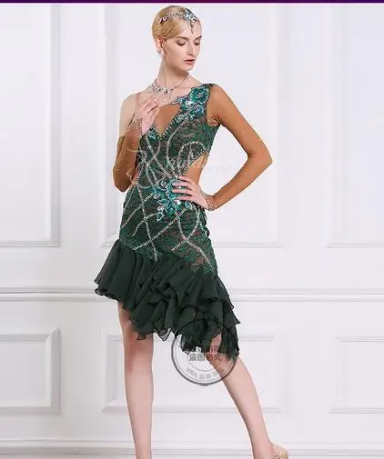 

dark Green customize custom back cutout Rumba cha cha salsa tango Latin dance competition dress