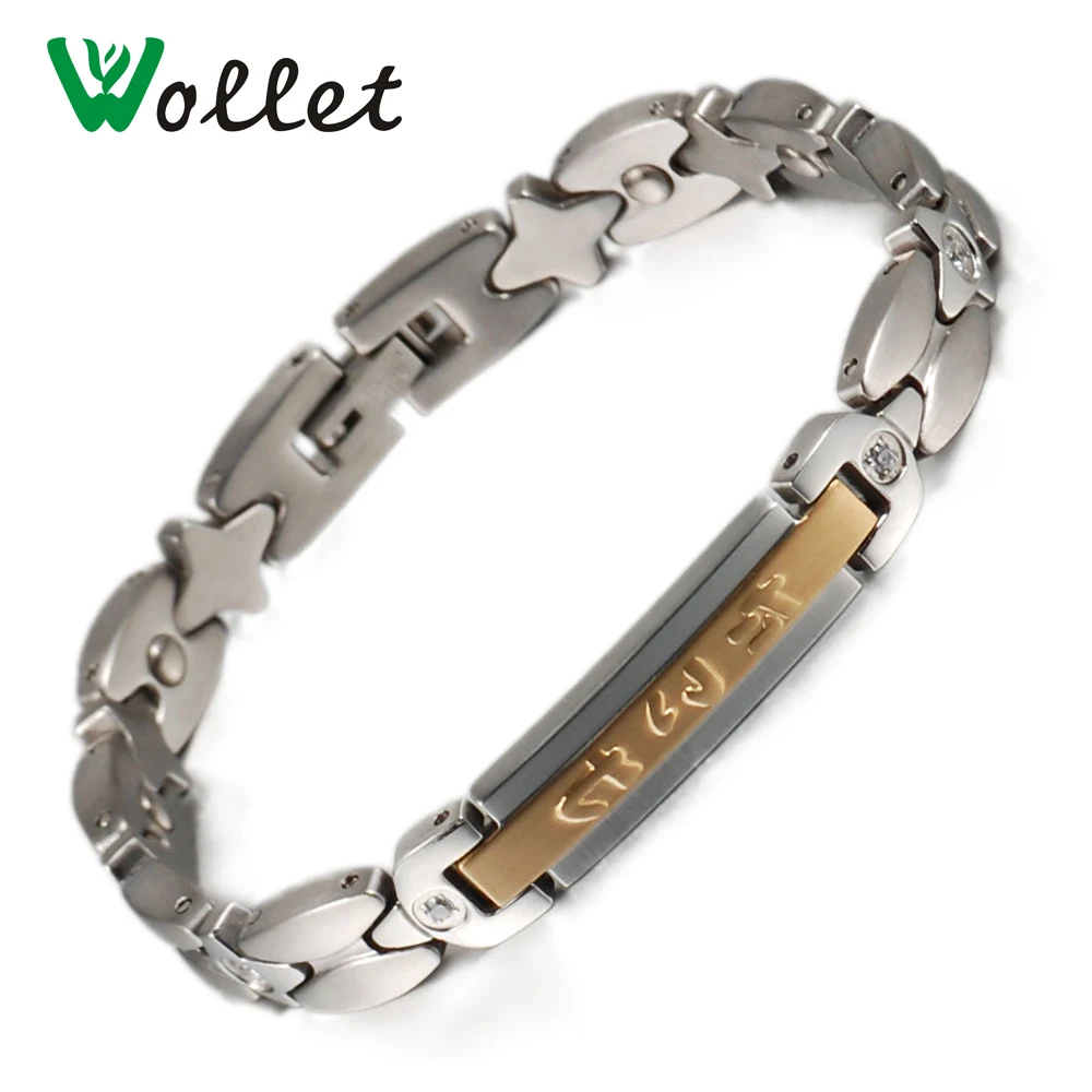 

Wollet Jewelry CZ Stone Stainless Steel Japanese ID Bracelet Bangle for Women Gold or Rose Gold Color Healing Energy Health Care