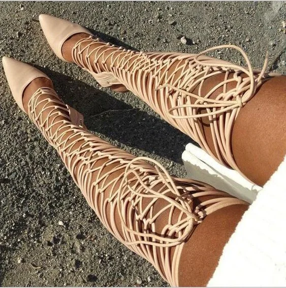 

Hot Selling Black Beige Leather Thigh High Boots for Plus Size Women Pointed Toe Lace-up Cut-out Gladiator Sandals Boots
