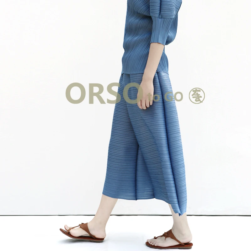 Aqua blue Changpleat весна новые женские брюки с широкими штанинами Miyak плиссированные модные дизайнерские свободные большие размеры однотонные женский с эластичной талией брюки Tide - Цвет: Aqua blue