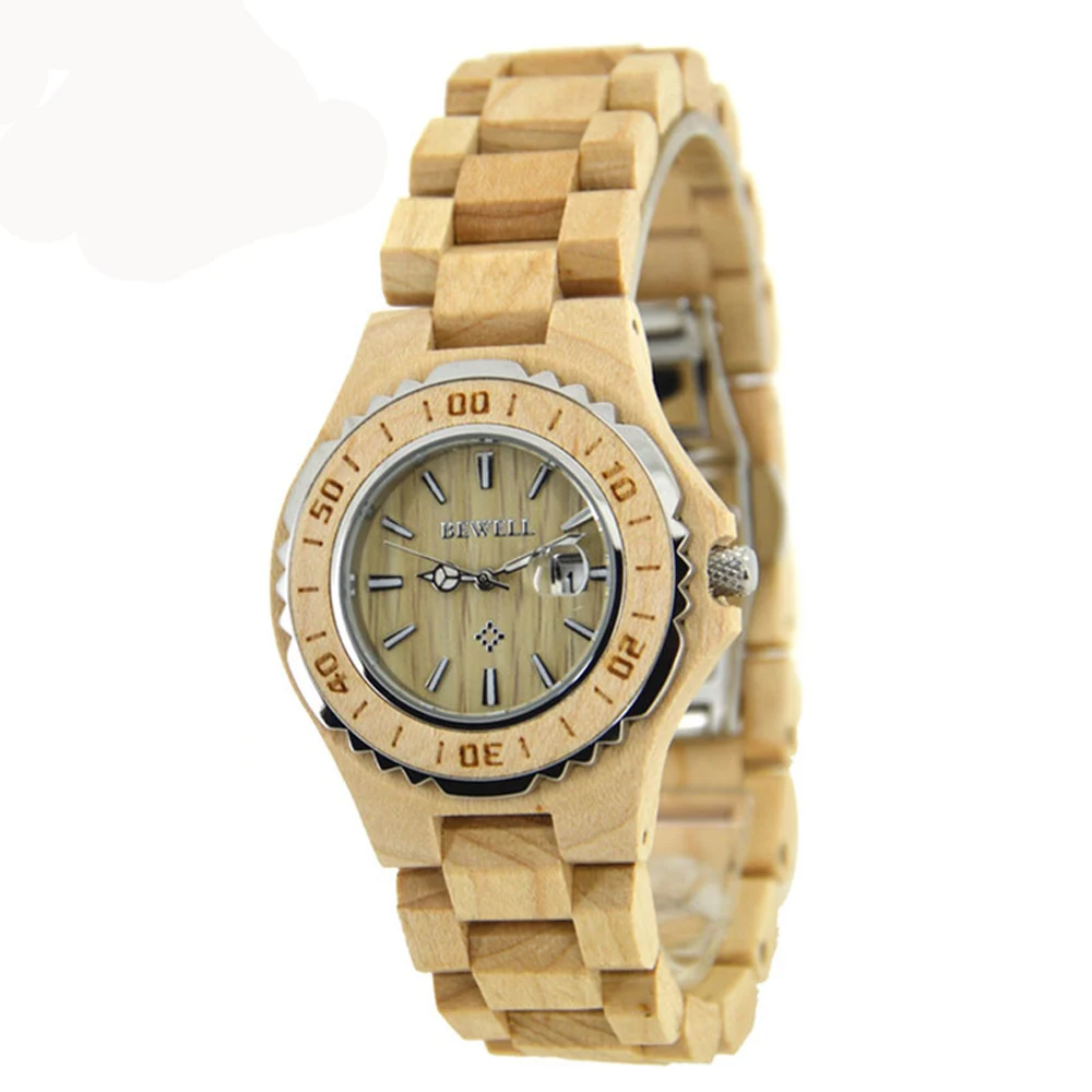 BEWELL дамы кварцевые деревянные часы из нержавеющей стали обратно водостойкий