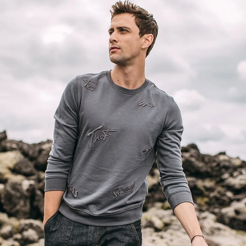 KUEGOU 2021 осень хлопок вышивка простая черная толстовка мужская Crewneck тонкая Мода
