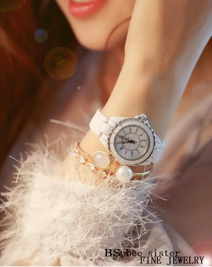 Летние Для женщин Стразы Часы леди платье часы Montre Femme черный, белый цвет Керамика браслет наручные женские часы со стразами