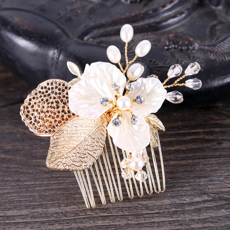 

Bride Flower Hair Comb Wedding Hair Ornaments Pearl Small Hair Combs Gold Hairpins Prom Jewelry Women Combs For Hair Dropship