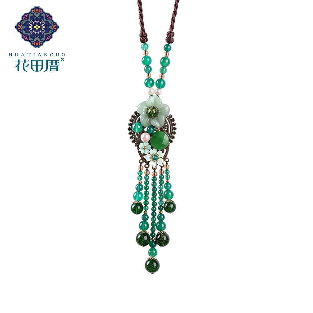 

Ethnic Colored Glass Flower Shell Petal Green Stone Bead Hand-Woven Rope Elegance Female Accessories Pendant Necklace CL-17146