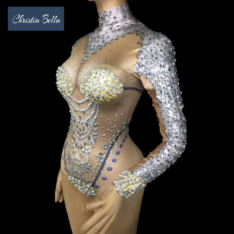 Christia Bella Sexy Pearls Rhinestone Bodysuit Women Long Sleeves Leotard Stage Stretch Jumpsuit Dance Performance Costumes