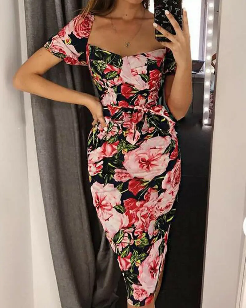 Женское платье карандаш в 2 стилях облегающее вечернее миди с цветочным принтом