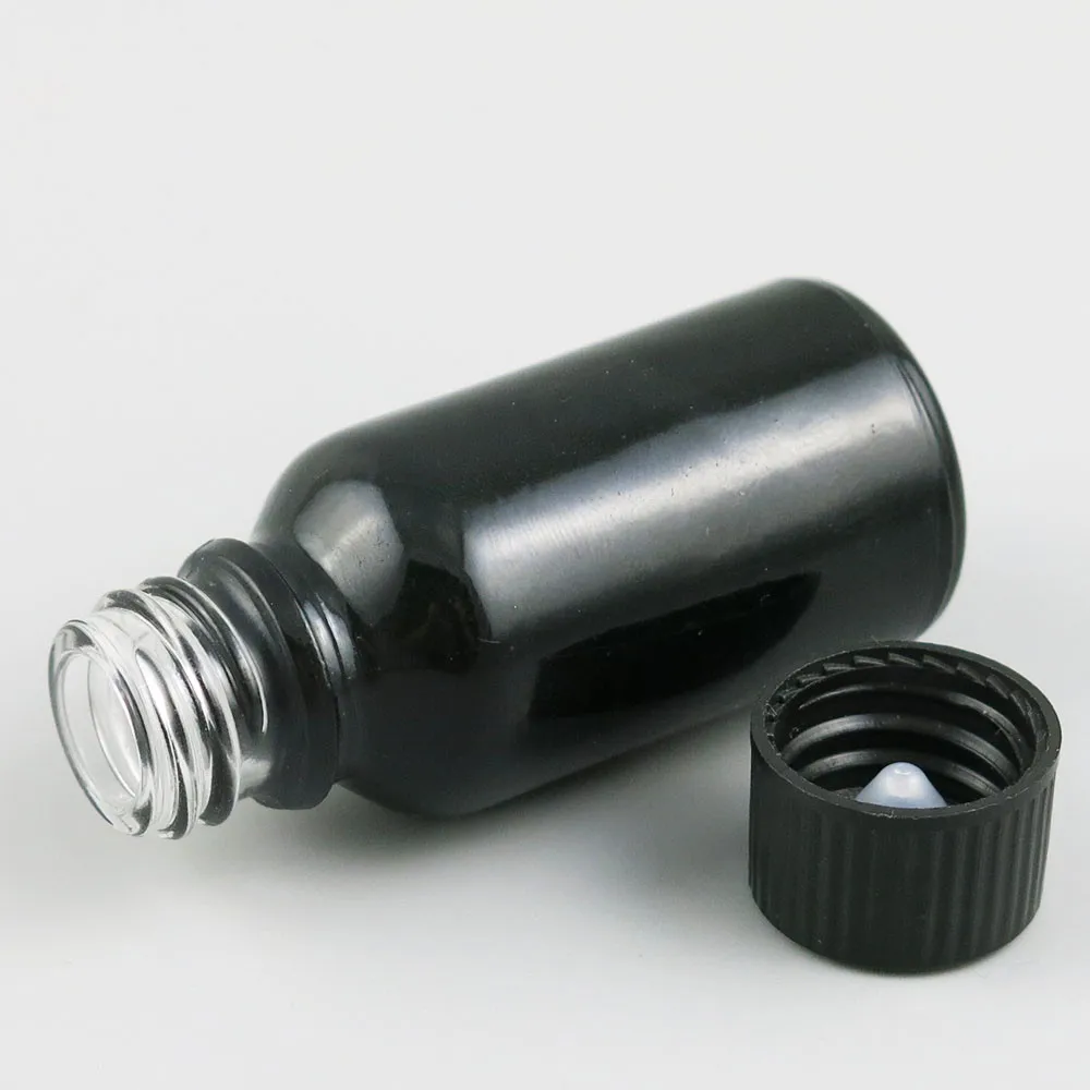 

Refillable 10ml 15ml 20ml 1oz 50ml 100ml Travel Shining Black Cosmetic Essential Oil Bottle With Plastic Caps Lids 200pcs