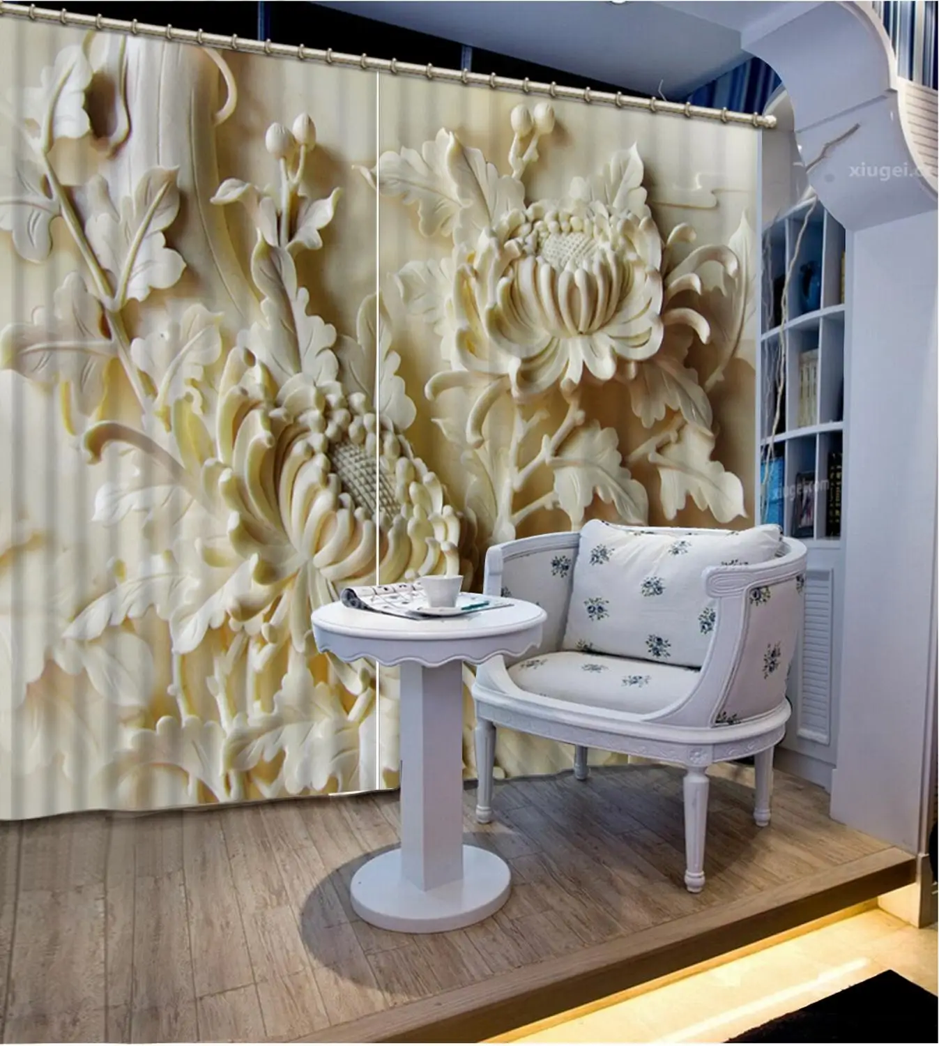 

Polyester Set with Hooks relief curtains for bedroom living room Flowers print Chinese Customized 3D Blackout Curtains
