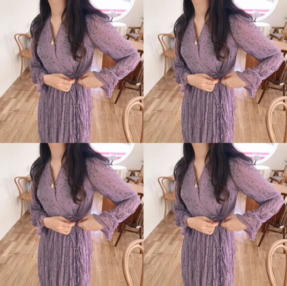2019 Design Ruffled Dresses Women Fashion Flare Sleeve Slim Waist A Line Pleated Bow Tie Green Black Purple Vintage Shirt Dress | Женская