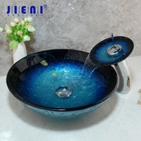 jieni hand painted blue tempered glass basin sink washbasin faucet set bathroom counter top washroom vessel vanity sink mixer