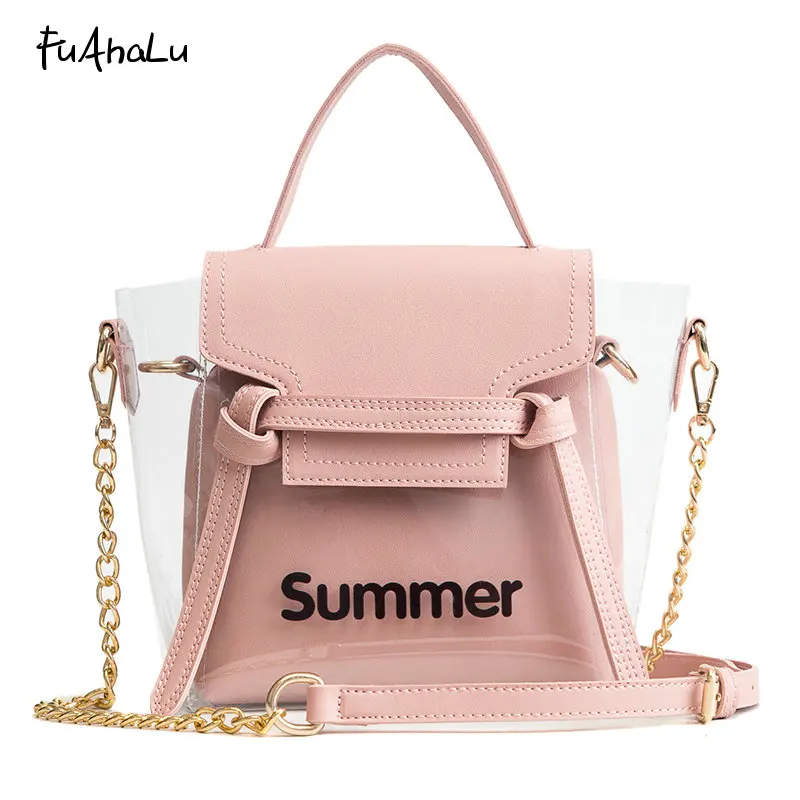 

FuAhaLu Summer new chain portable diagonal package Korean version of the wild shoulder bag transparent jelly package