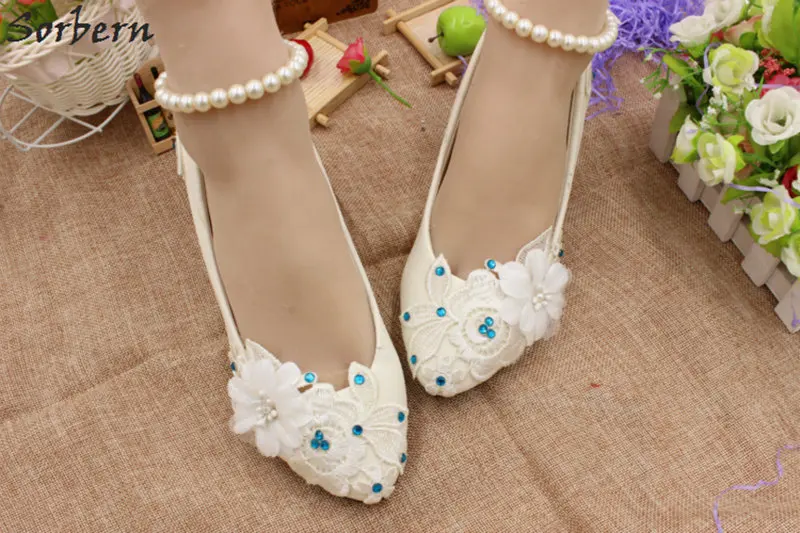Женские свадебные туфли с кружевом Sorbern белые цветочным синие стразы весна 2018 для