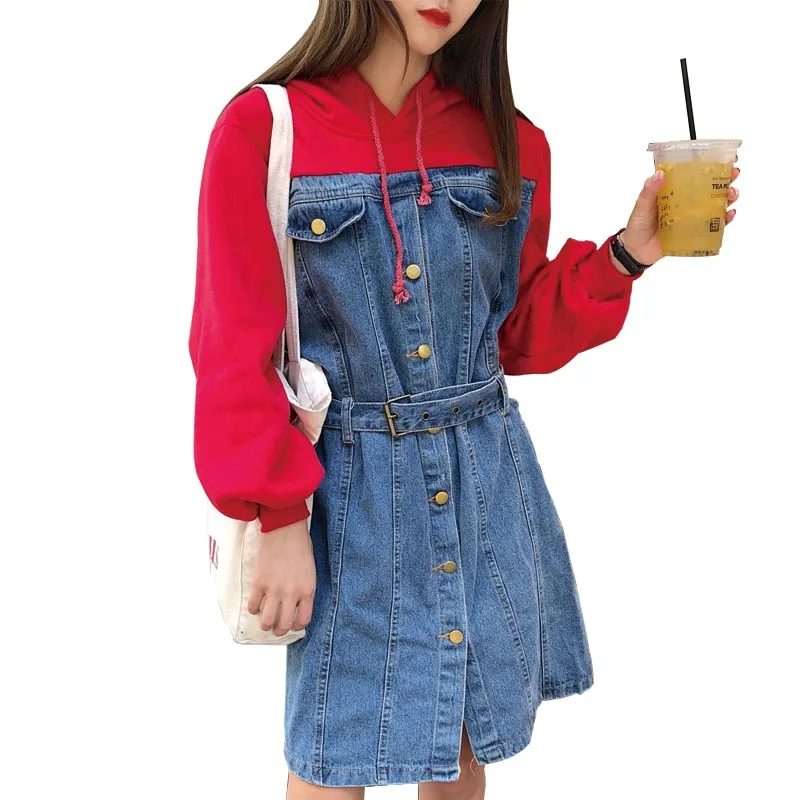 Женское платье свитер с капюшоном весна 2018 сшитое джинсовое средней длины