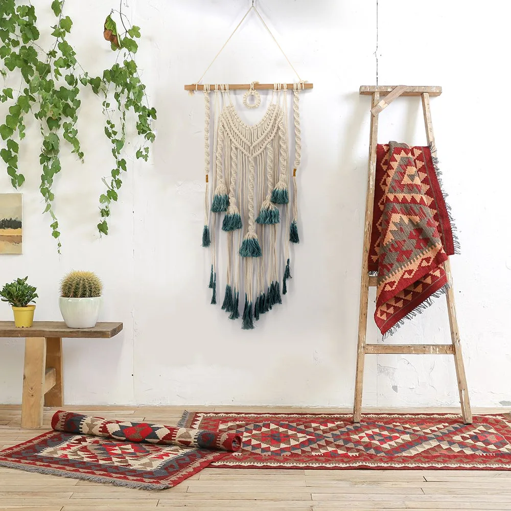 

Bohemian Macrame Handmade Knitting Rope Tapestry Wall Hanging Tapisserie Banner Tassel Craft Homestay Hotel Home Decor Textiles