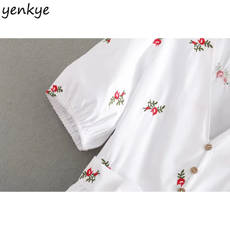 2019 Милая Цветочная вышивка для женщин блузка элегантный лук ремень V образным