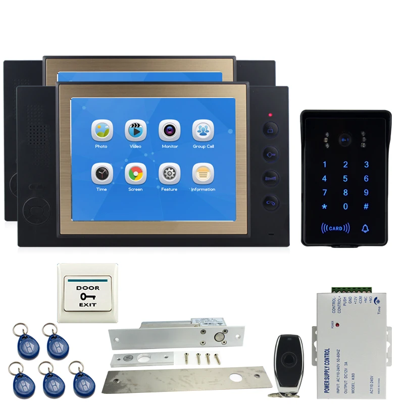 JEX Video Door Phone Intercom system Kit 8 inch Voice/Video Record Black Monitor +Waterproof Password Keypad RFID Camera 1V2 |