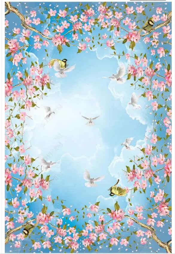 3d фотообои на заказ синее небо белые облака цветок вишневый цвет комната