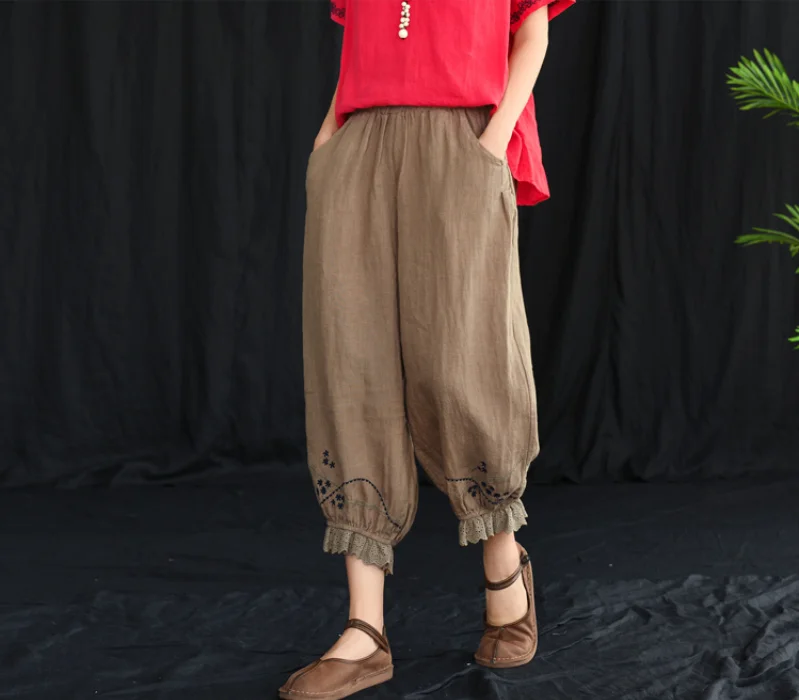 Летние брюки в стиле ретро женские свободные с эластичной резинкой на талии