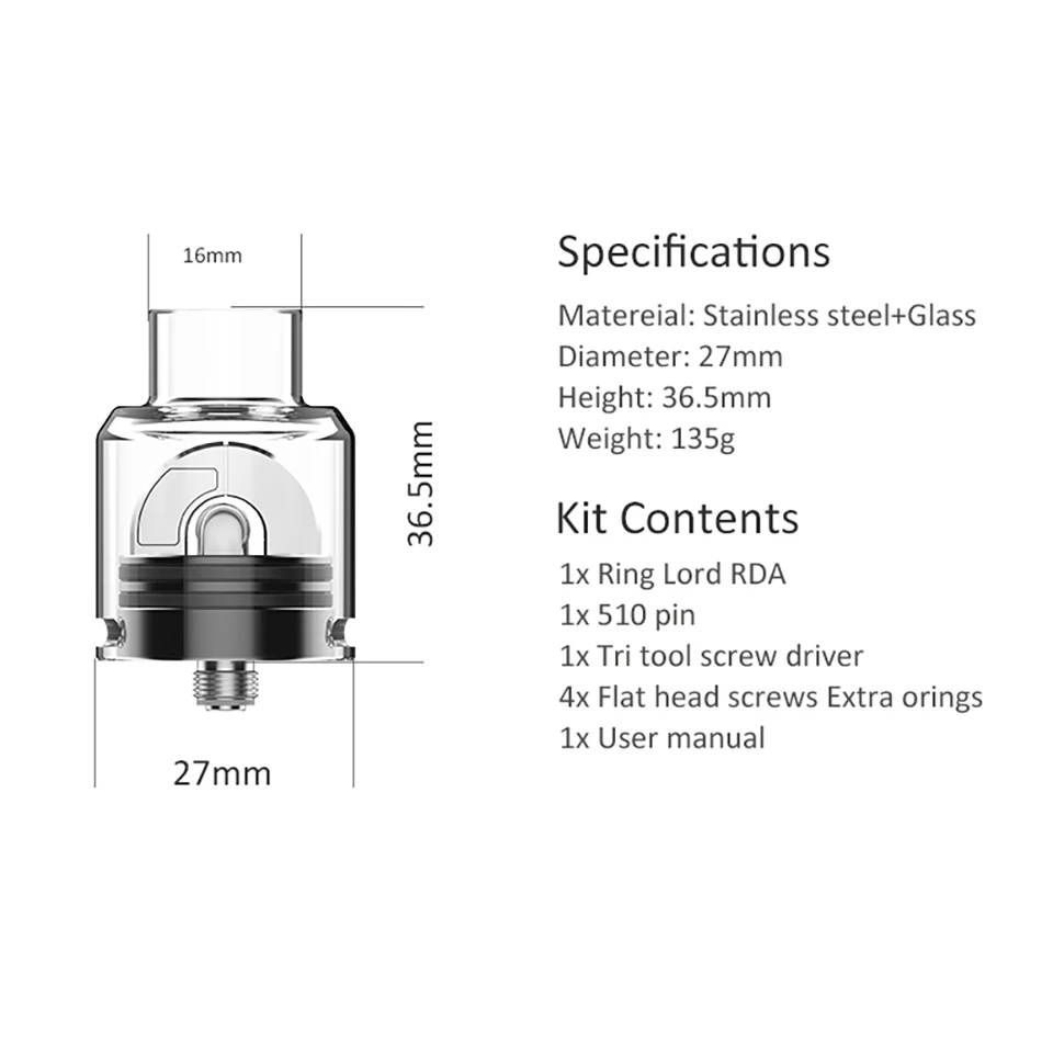 Оригинальный Vape HugsVape кольцо лорд RDA распылитель 27 мм Торнадо воздушный поток 510