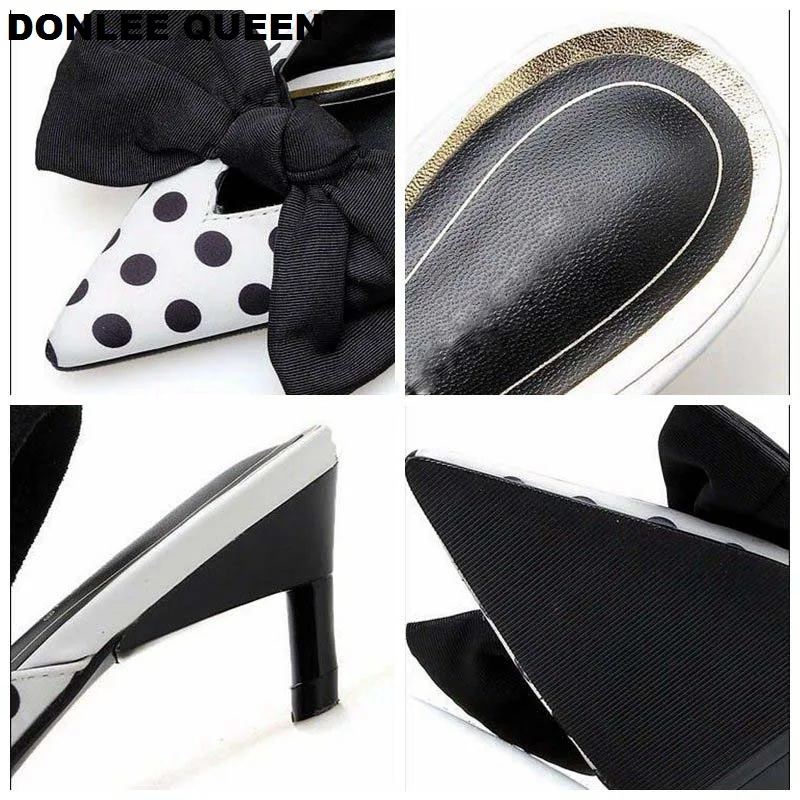 Сандалии в горошек на каблуке с острым носком женские шлепанцы бантом-бабочкой и