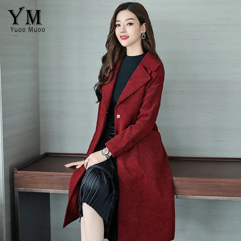 Женское зимнее шерстяное пальто YuooMuoo Красное длинное с поясом 2019 | Женская одежда