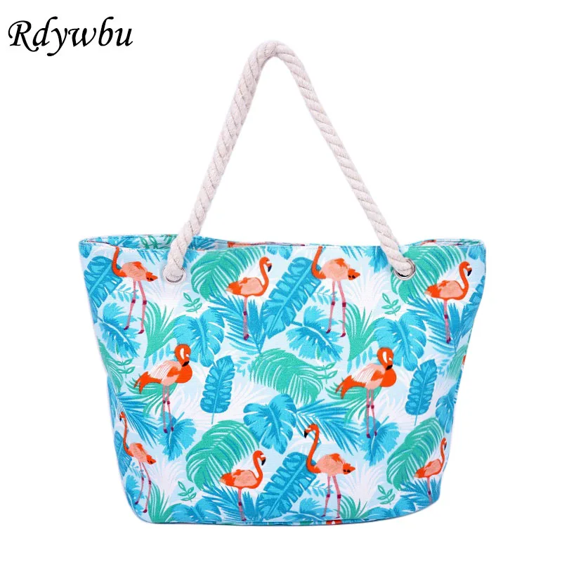 

Rdywbu Flamingo Leaves Printing Canvas Tote Handbag Women Summer Big Capacity Shopping Bag Travel Beach Shoulder Bag Bolsa B425