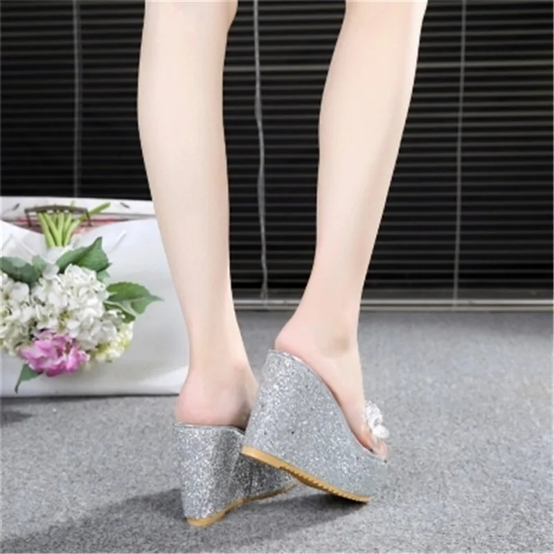 

WADNASO Summer Slippers Platform Women Shoes Woman Slides Fashion Sexy Crystal High Heels Wedges Ladies Slides Female Gold Silve