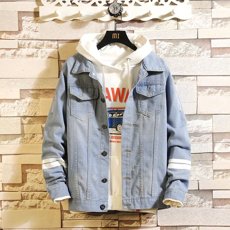 Мужская джинсовая куртка повседневная приталенная однотонная с эффектом