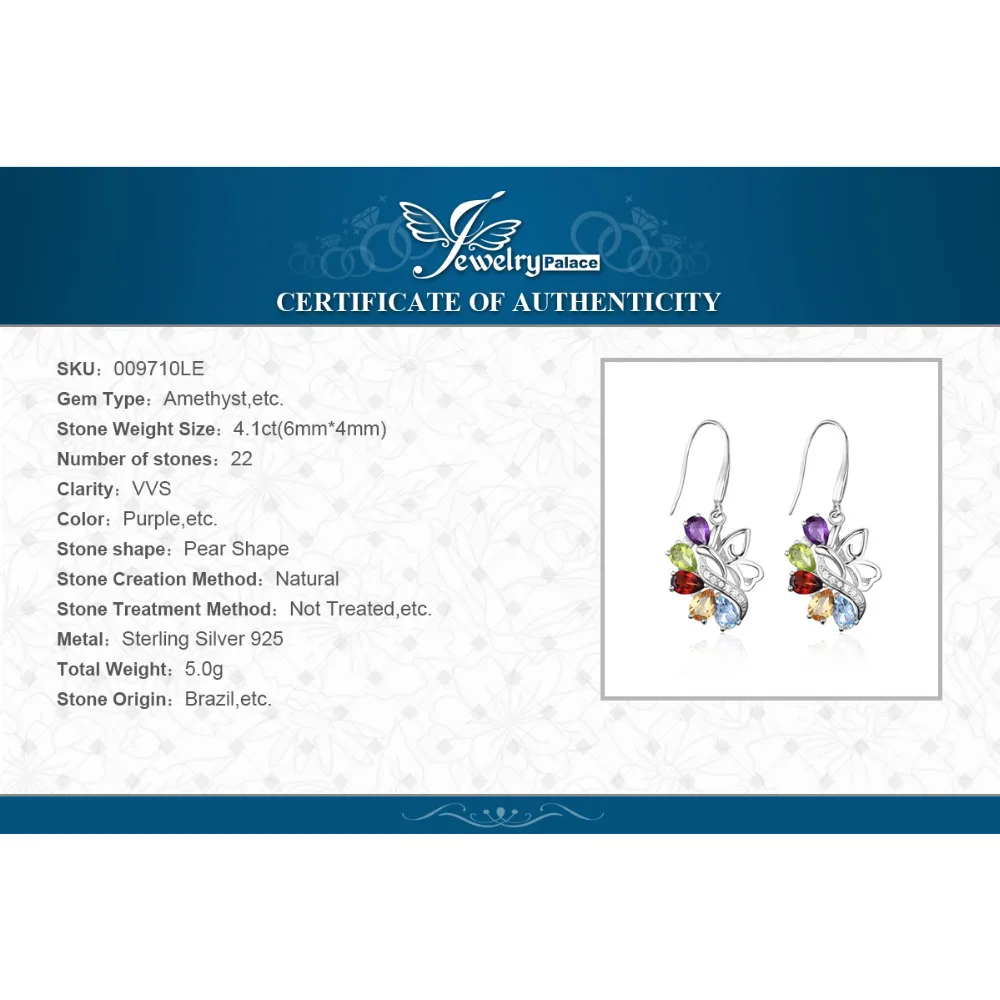 Jewelrypalace бабочка 4.8ct подлинная аметист цитрин гранат перидот голубой топаз Длинные висячие серьги 925 стерлингов Серебряные ювелирные изделия
