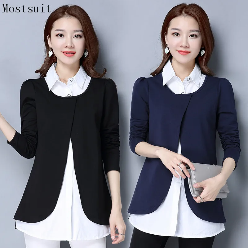

M-4xl Cotton Blusas Women Fake Two Pieces Long Blouse Shirt Autumn Office Elegant Casual Female Tops Navy Black 2018