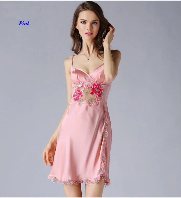 

Женская сексуальная ночная рубашка без рукавов из чистого шелка, 100% шелк, элегантное платье для сна с v-образным вырезом и вышивкой, с подарочной маской
