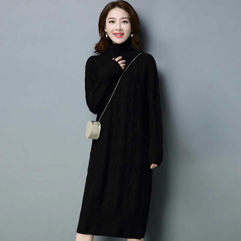 2019 женские длинные пуловеры с высоким воротником платье-свитер теплые плотные